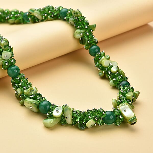 Green Shell Seed Bead Necklace Silvertone Necklace Green Multi Strand Statement Necklace For Women Birthday Gifts For Women Necklace 20-23 Inch