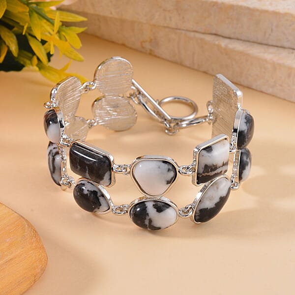 Grey Zebra Jasper 125.00 Ctw 2 Row Link Bracelet In Silvertone (7.00-8.75In)
