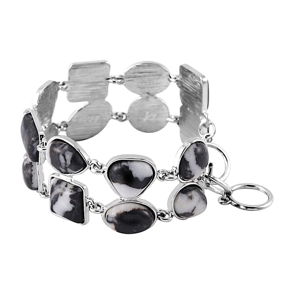 Grey Zebra Jasper 125.00 Ctw 2 Row Link Bracelet In Silvertone (7.00-8.75In)