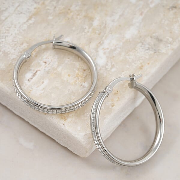 Grid Hoop Earrings In Rhodium Over Sterling Silver 3 Grams