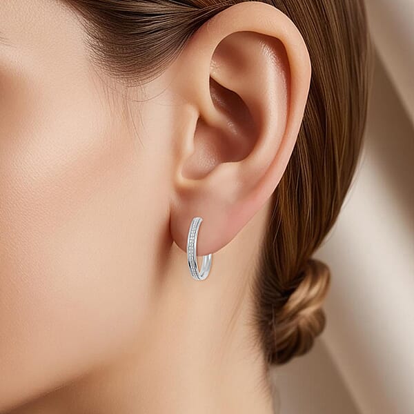 Grid Hoop Earrings In Rhodium Over Sterling Silver 3 Grams
