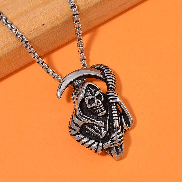 Grim Reaper Pendant Necklace In Black Oxidized And Stainless Steel 24 Inches