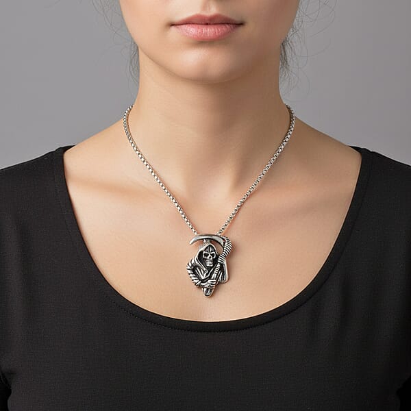Grim Reaper Pendant Necklace In Black Oxidized And Stainless Steel 24 Inches