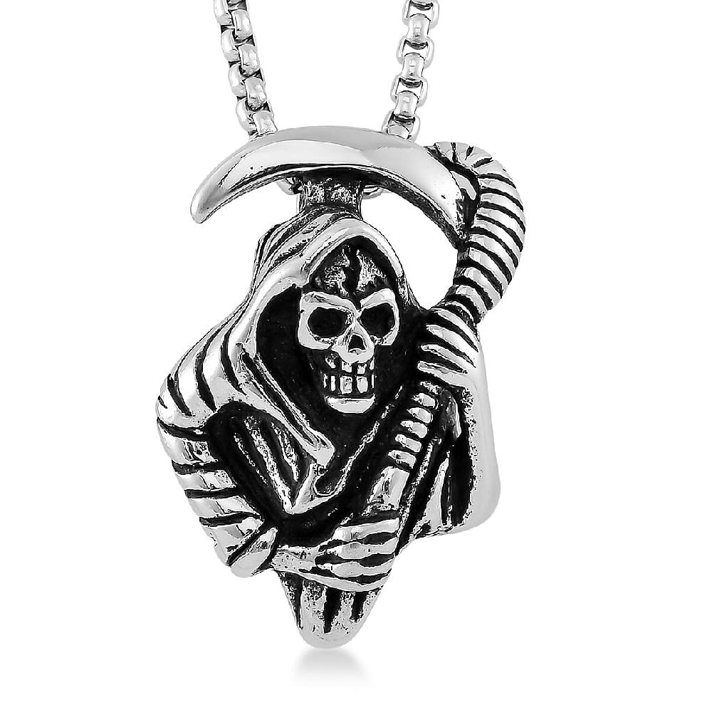 Grim Reaper Pendant Necklace in Black Oxidized and Stainless Steel 24 Inches