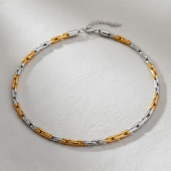 Hammered Circular Link Necklace In ION Plated YG And Stainless Steel (20-22 Inches)