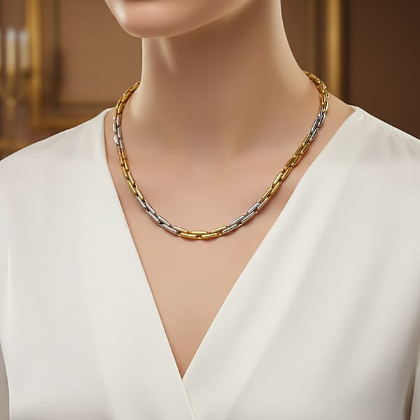 Hammered Circular Link Necklace In ION Plated YG And Stainless Steel (20-22 Inches)