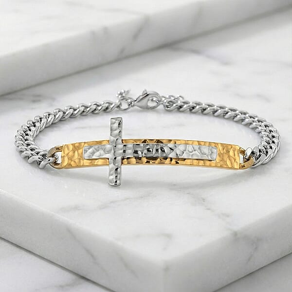 Hammered Cross Bracelet In ION Plated YG Stainless Steel (7.50-9.0In)