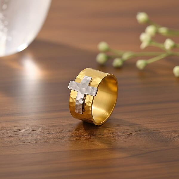 Hammered Cross Design Ring In ION Plated YG And Stainless Steel