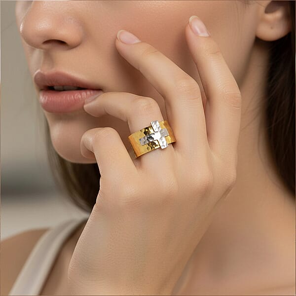 Hammered Cross Design Ring In ION Plated YG And Stainless Steel
