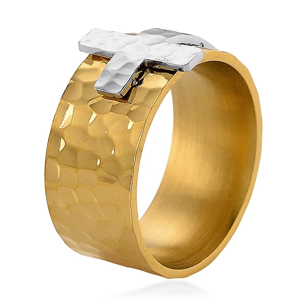 Hammered Cross Design Ring In ION Plated YG And Stainless Steel