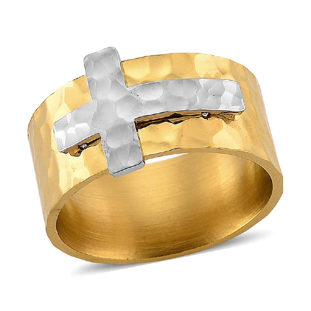 Hammered Cross Design Ring in ION Plated YG and Stainless Steel