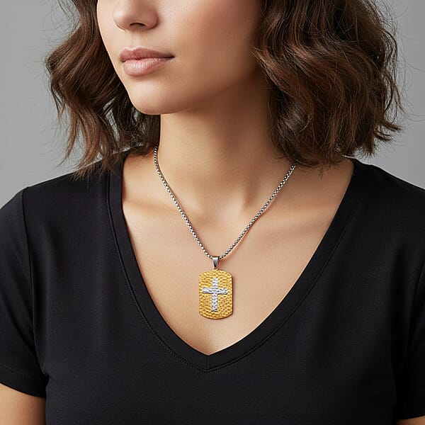 Hammered Cross Pendant Necklace In ION Plated YG And Stainless Steel (20-22 Inches)