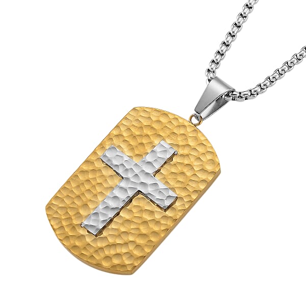 Hammered Cross Pendant Necklace In ION Plated YG And Stainless Steel (20-22 Inches)