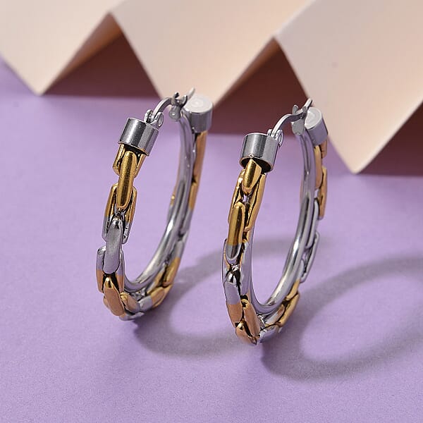 Hammered Hoop Earrings In ION Plated YG Stainless Steel