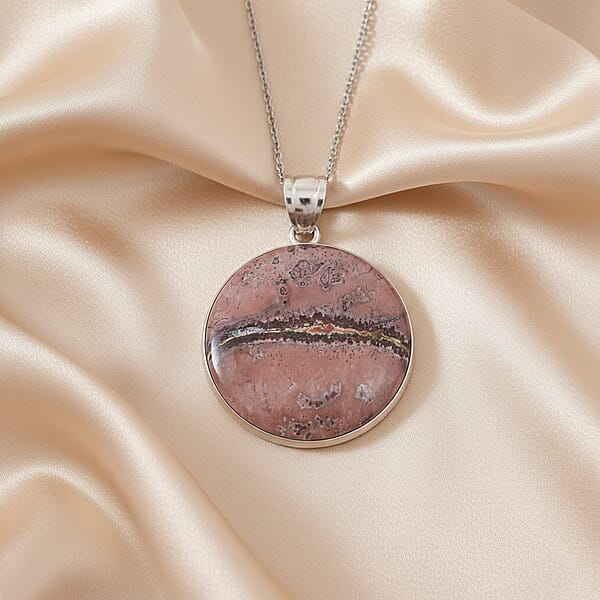 Hand-Polish Round Red Picture Jasper 50.00 Ctw Pendant In Silvertone With Stainless Steel Necklace (20 Inches)