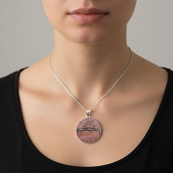 Hand-Polish Round Red Picture Jasper 50.00 Ctw Pendant In Silvertone With Stainless Steel Necklace (20 Inches)