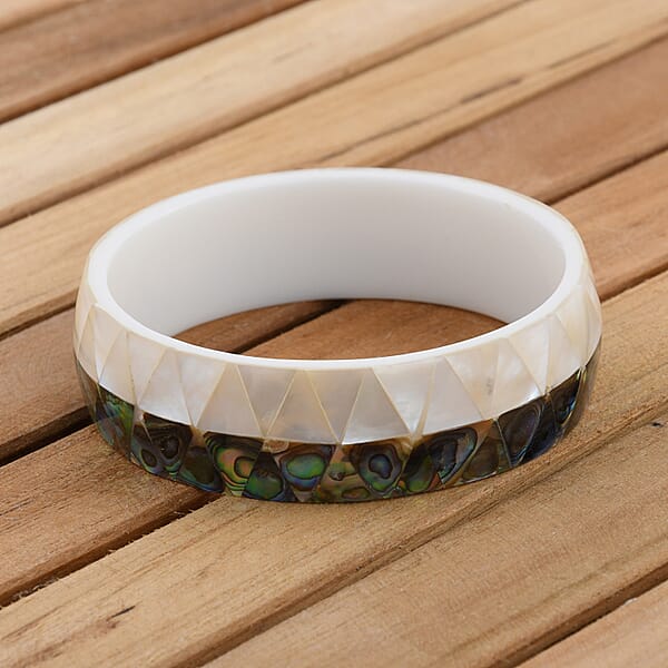 Handcrafted MOP Coral And Abalone Shell Inlay With White Inner Resin Bangle Bracelet (7.50 In)