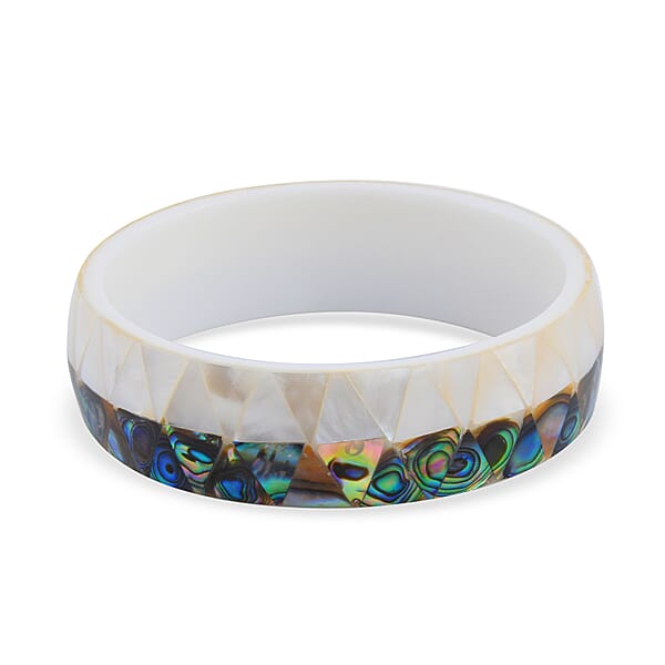 Handcrafted MOP Coral And Abalone Shell Inlay With White Inner Resin Bangle Bracelet (7.50 In)