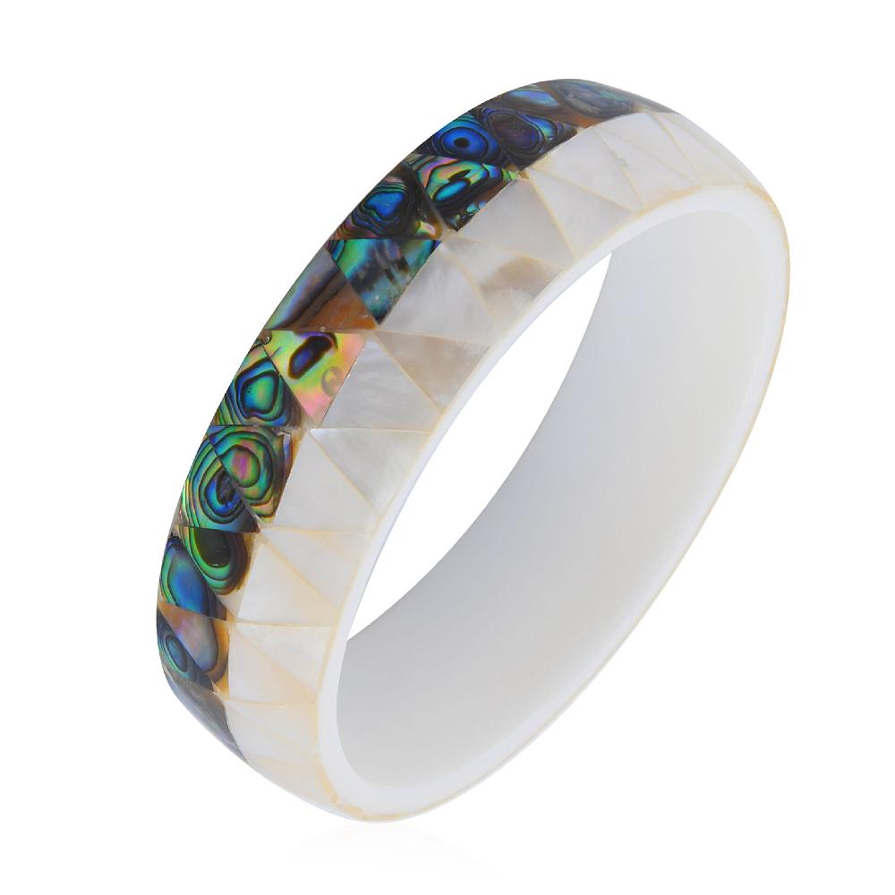 Handcrafted MOP Coral and Abalone Shell Inlay With White Inner Resin Bangle Bracelet (7.50 in)
