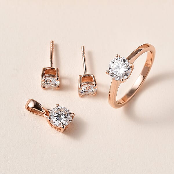Heart And Arrows Cut Moissanite 2.35 Ctw Solitaire Ring Stud Earrings And Pendant Without Chain In Vermeil RG Over Sterling Silver