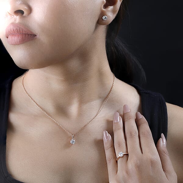 Heart And Arrows Cut Moissanite 2.35 Ctw Solitaire Ring Stud Earrings And Pendant Without Chain In Vermeil RG Over Sterling Silver