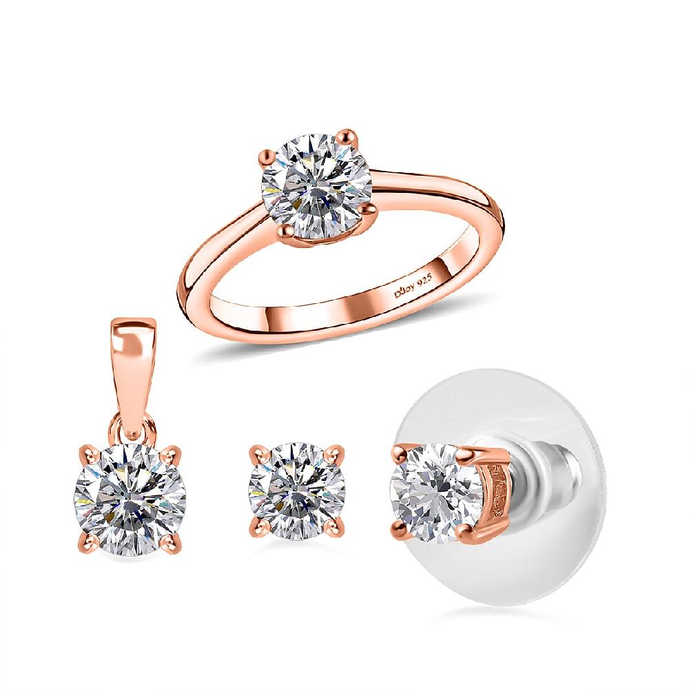 Heart and Arrows Cut Moissanite 2.35 ctw Solitaire Ring Stud Earrings and Pendant without Chain in Vermeil RG Over Sterling Silver