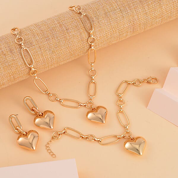 Heart Necklace 20-22 Inches And Earrings And Bracelet (7.50-9.50In) In Goldtone