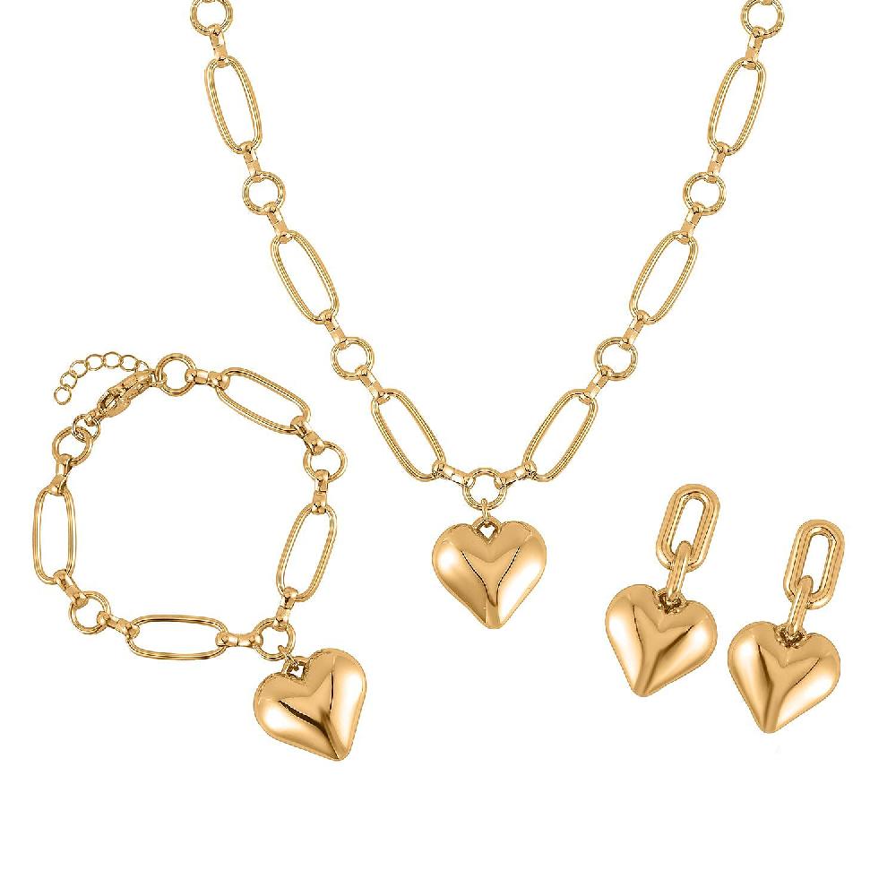 Heart Necklace 20-22 Inches and Earrings and Bracelet (7.50-9.50In) in Goldtone