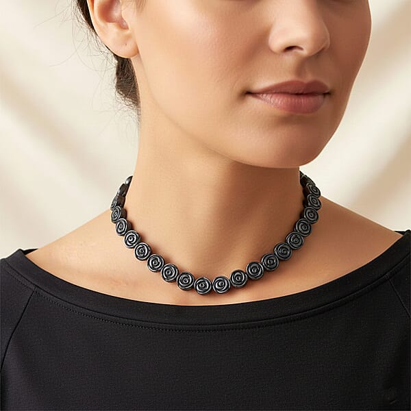 Hematite Carved Rose Flower Necklace In Silvertone 337.00 Ctw (21- 23 Inches)