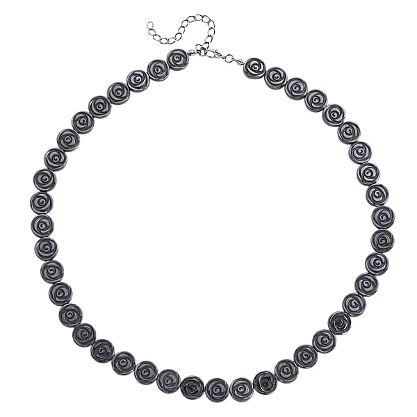 Hematite Carved Rose Flower Necklace In Silvertone 337.00 Ctw (21- 23 Inches)