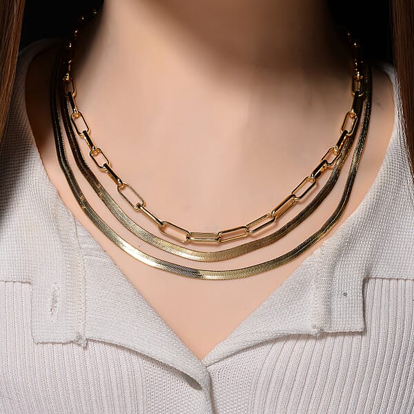 Herringbone And Oval Link Chain Necklace In Goldtone 20-22 Inches