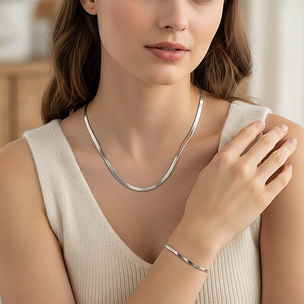 Herringbone Chain Bracelet (8.50In) And Necklace (24 Inches) In Stainless Steel