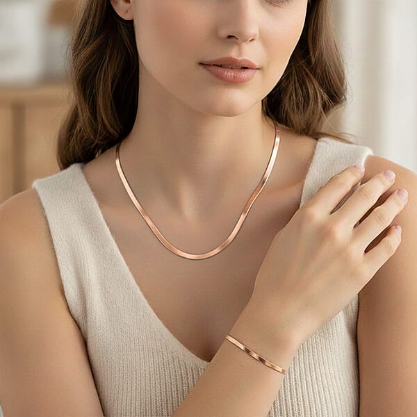 Herringbone Chain Bracelet (8.50In) And Necklace (24 Inches) In ION Plated RG Stainless Steel
