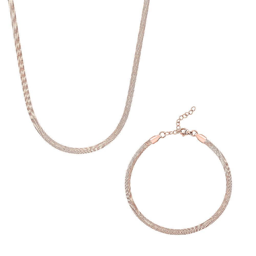 Herringbone Chain Bracelet (8.50In) and Necklace (24 Inches) in ION Plated RG Stainless Steel