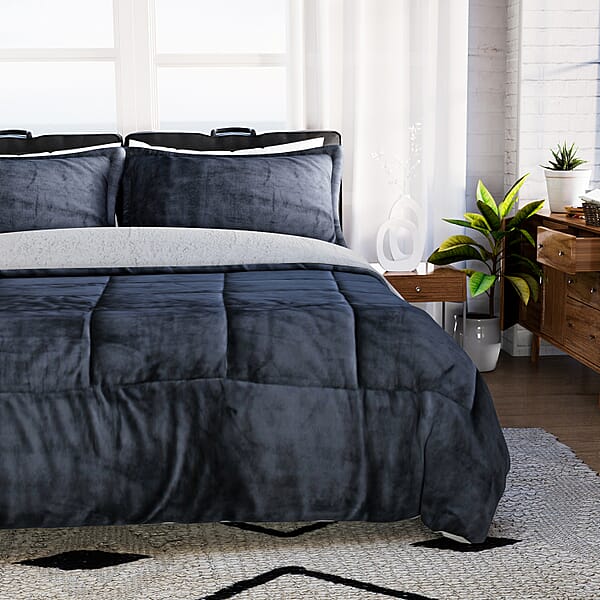 Homesmart Gray 3 Layer Quilted Microfiber Flannel And Sherpa Reversible Comforter And Set Of 2 Shams Microfiber Comforter Best Comforter Sets Bed Comforters Comforter Set For Bedroom