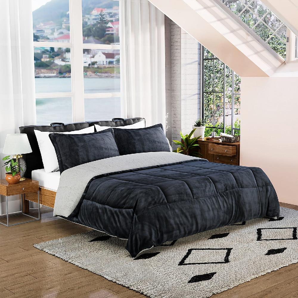 Homesmart Gray 3 Layer Quilted Microfiber Flannel And Sherpa Reversible Comforter And Set Of 2 Shams Microfiber Comforter Best Comforter Sets Bed Comforters Comforter Set For Bedroom