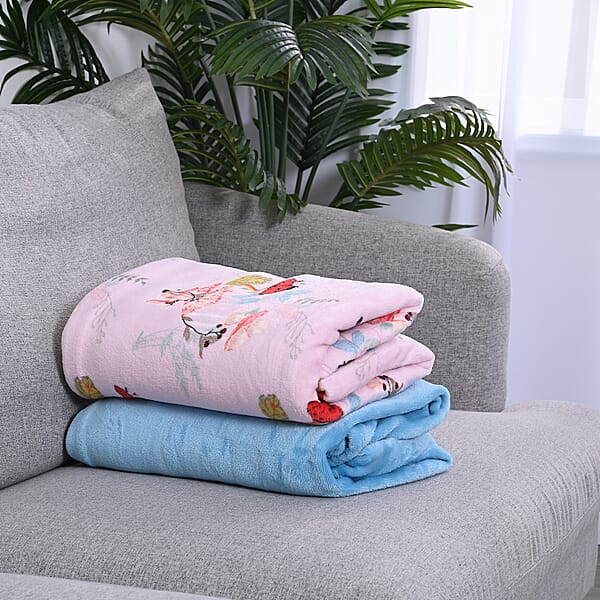 Homesmart Set Of 2 Pink Bottom/Flower Pattern & Blue Solid Microfiber Flannel Blanket
