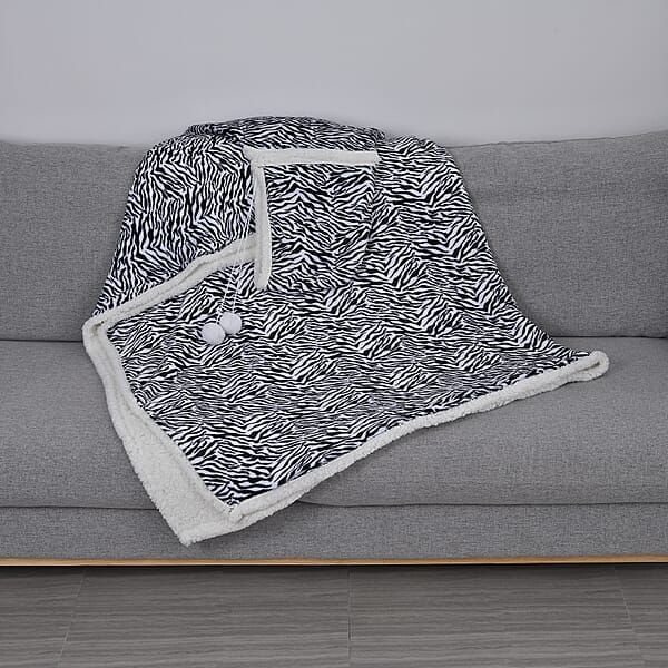 Homesmart Zebra Stripe Pattern Polyester And Sherpa Hoodie Blanket With Pom Pom