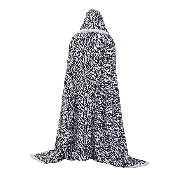 Homesmart Zebra Stripe Pattern Polyester And Sherpa Hoodie Blanket With Pom Pom