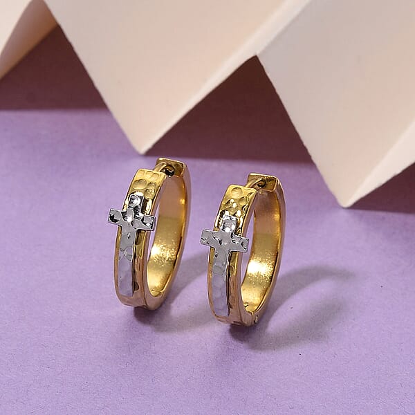 Huggie Hoop Earrings In ION Plated YG And Stainless Steel (Hammered Texture Cross Design)