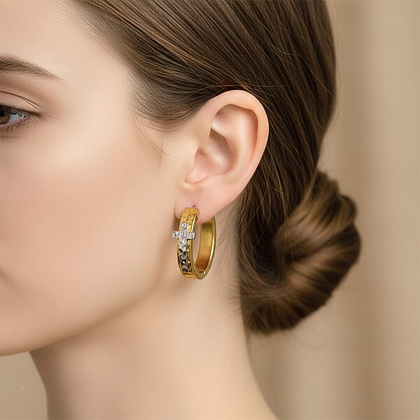 Huggie Hoop Earrings In ION Plated YG And Stainless Steel (Hammered Texture Cross Design)