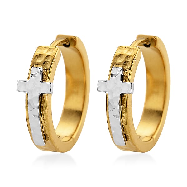 Huggie Hoop Earrings In ION Plated YG And Stainless Steel (Hammered Texture Cross Design)
