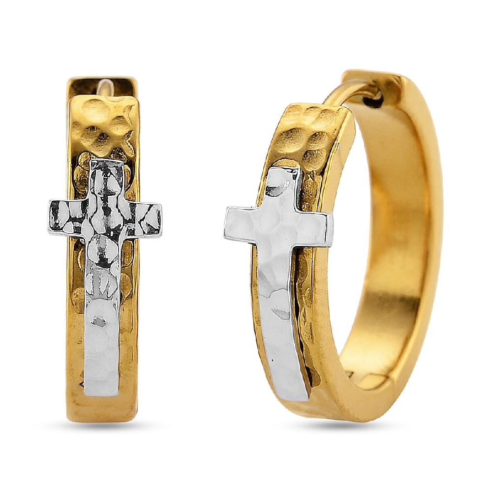 Huggie Hoop Earrings in ION Plated YG and Stainless Steel (Hammered Texture Cross Design)