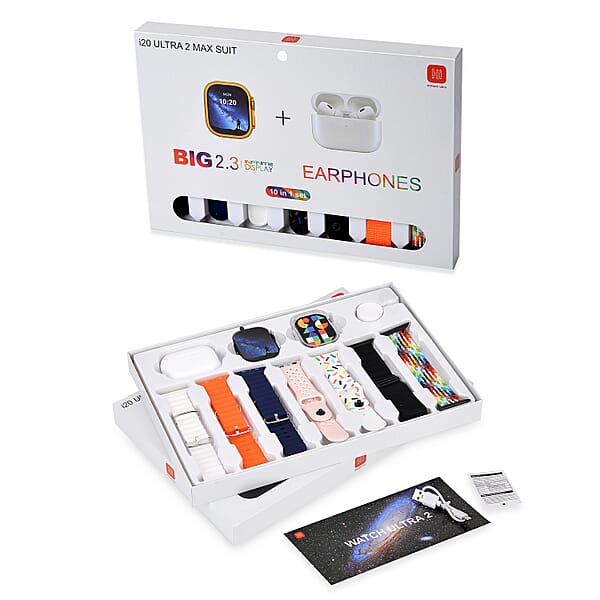 I20 Ultra 2 Max Suit 10 In 1 Set - (Black Smart Dial Earphone Case Cover And 7pcs Replaceable Watchband)