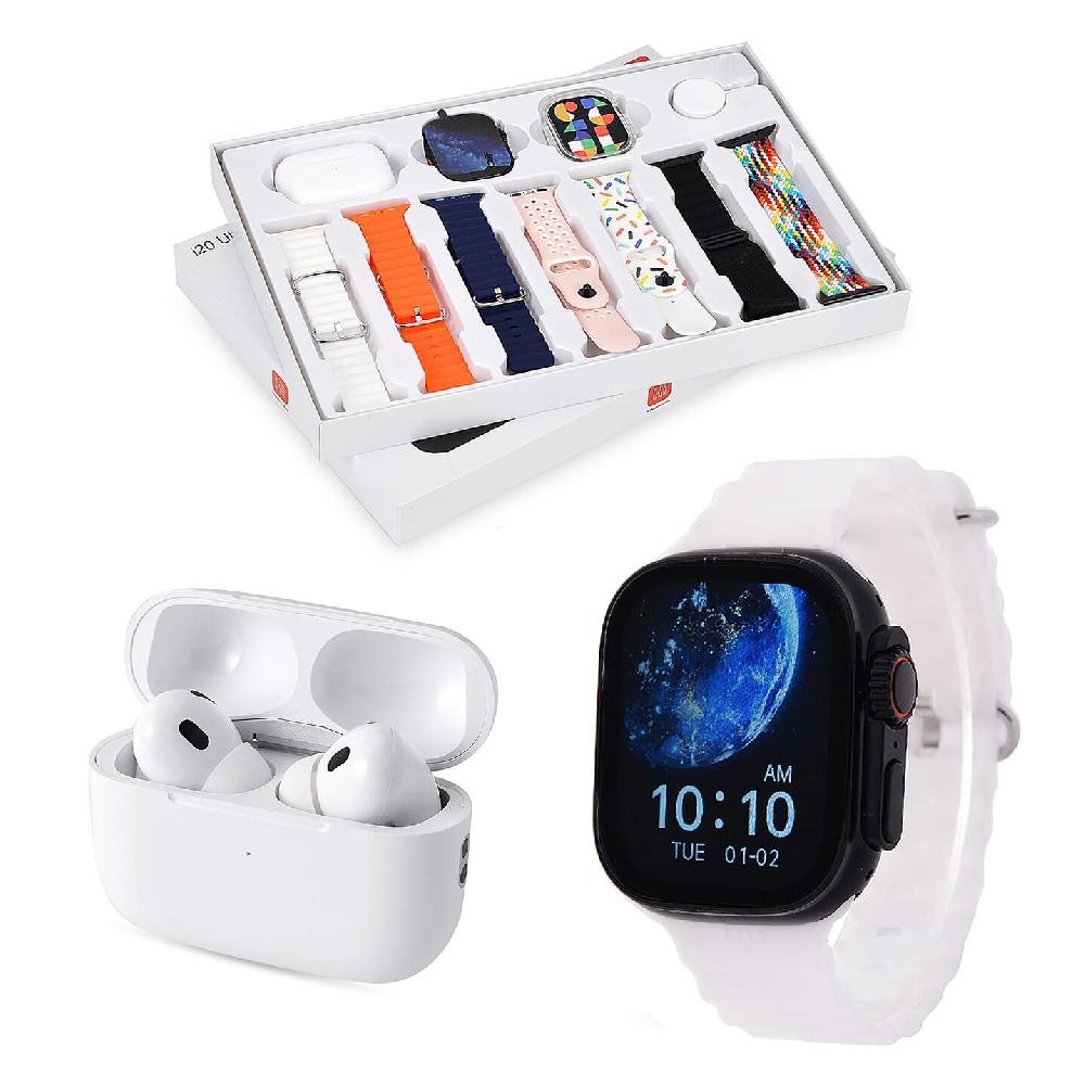 I20 Ultra 2 Max Suit 10 in 1 Set - (Black Smart Dial Earphone Case Cover and 7pcs Replaceable Watchband)