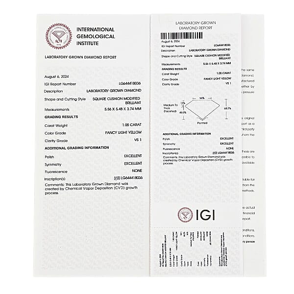 IGI Certified 1.00 Ctw Lab Grown Yellow Diamond Loose Gemstone – VS2 (Square Cushion Cut)