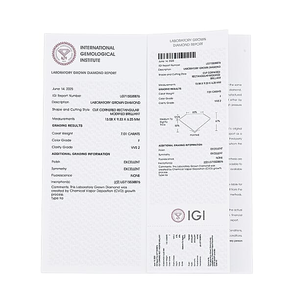 IGI Certified 7.00 Ctw Radiant Cut Lab Grown Diamond Loose Gemstone – G VS2