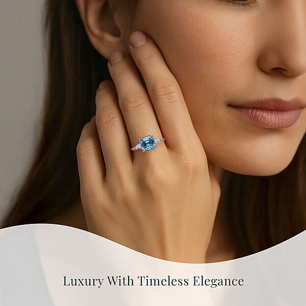 IGI Certified Asscher Cut Luxuriant Lab Grown Blue Diamond (IR) VS And Lab Grown Diamond 4.15 Ctw Azure Majesty Ring In 950 Platinum 4.50 Grams
