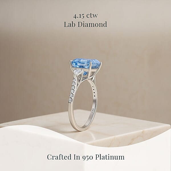 IGI Certified Asscher Cut Luxuriant Lab Grown Blue Diamond (IR) VS And Lab Grown Diamond 4.15 Ctw Azure Majesty Ring In 950 Platinum 4.50 Grams