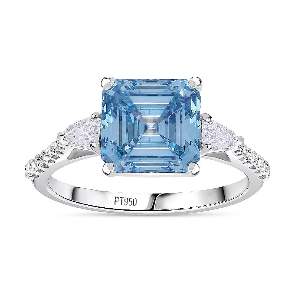 IGI Certified Asscher Cut Luxuriant Lab Grown Blue Diamond (IR) VS and Lab Grown Diamond 4.15 ctw Azure Majesty Ring in 950 Platinum 4.50 Grams